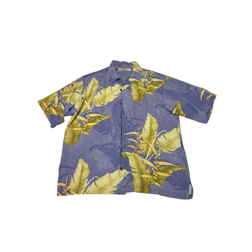 Tommy Bahama Mens L 100% Silk Tropical Leaf Floral Camp Shirt‎ Blue Purple L
